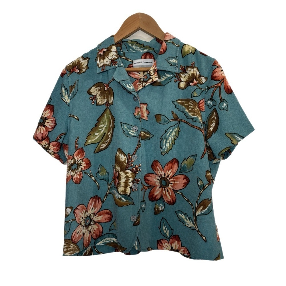 Alfred Dunner boxy teal Floral button up Short Sleeve top